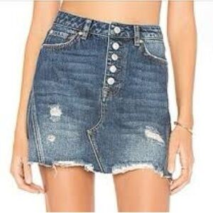 We the Free/Free People Denim Button-Front Distressed Mini Skirt - Blue